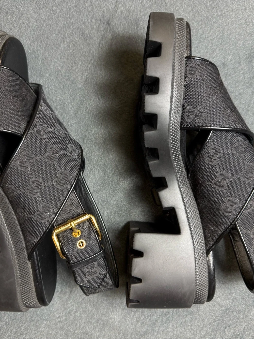 Gucci Black Platform Chunky Sandals with Gold Buckle
